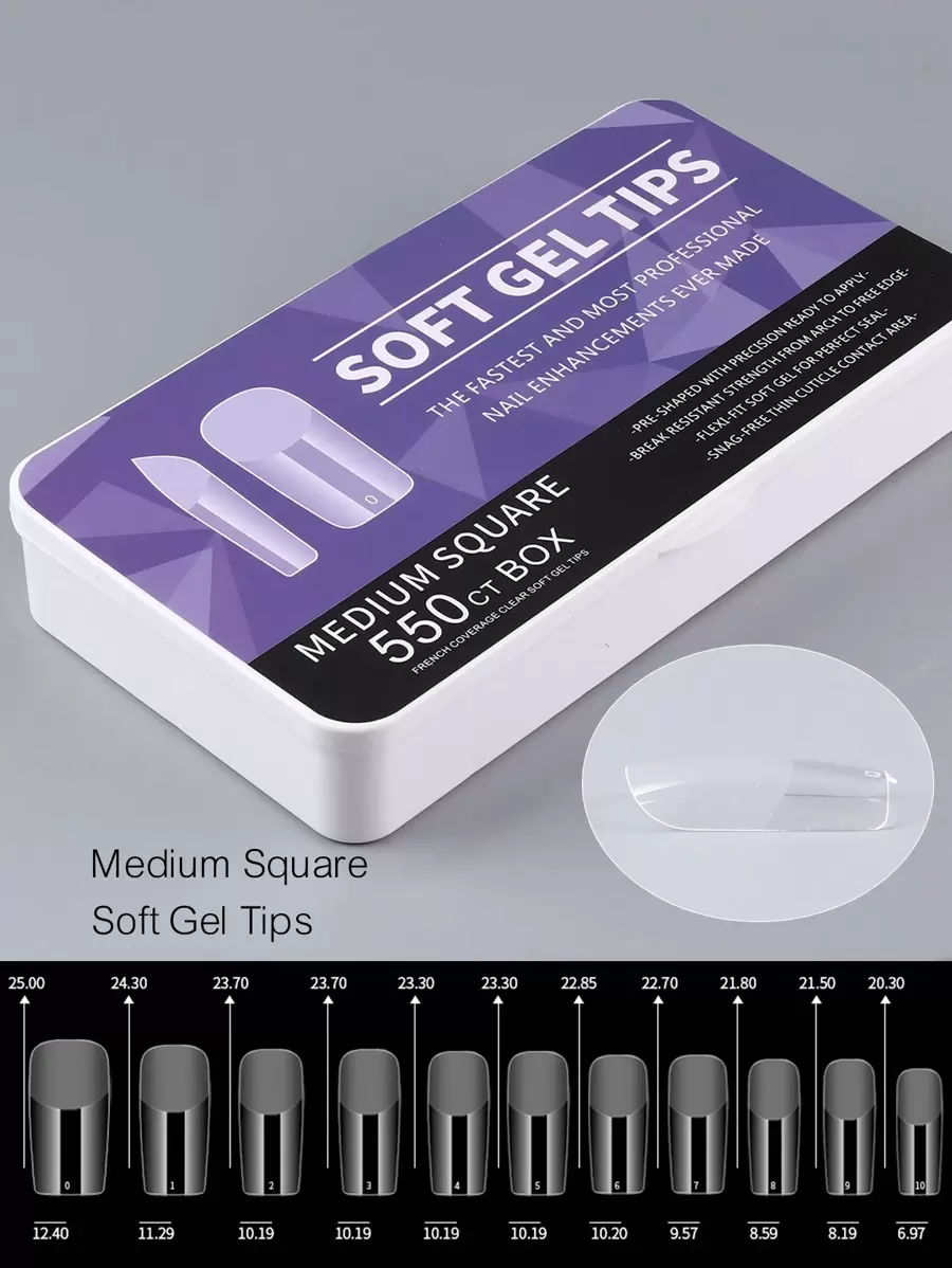 550 Stuks Medium Vierkant Zachte Gel Nagel Tip, Volledige Dekking Nagel Tips Voor Losweken Nagel Tips Helder Pre-Buff Valse Druk Op Nagel Met Case Voor Nagelsalons En Diy Nail Art, 11 Maten Druk Op Nagels Nagelbenodigdheden