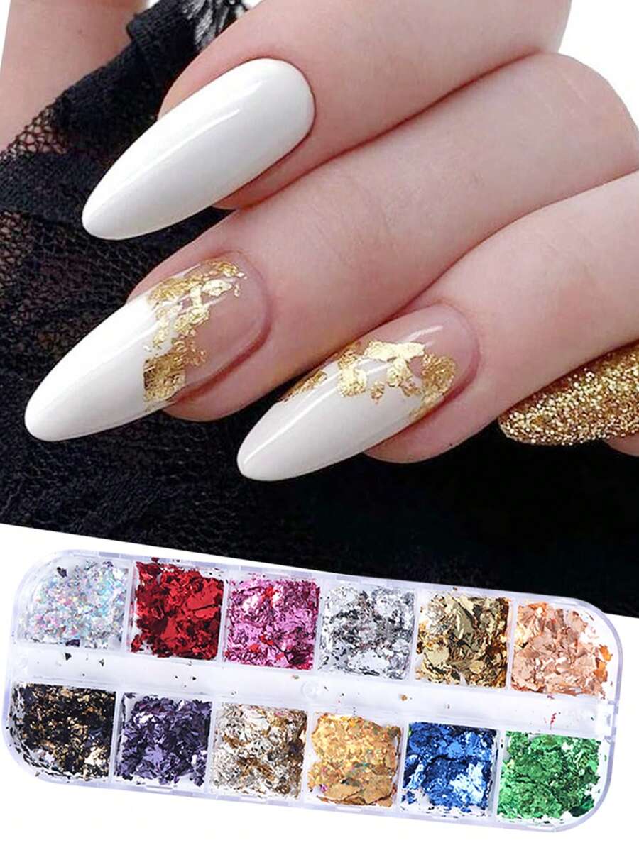 FULL BEAUTY 12 Grids Gold Foils Nail Glitter Flakes Asymmetric Aluminum Foil Paper DIY Shinny Sequins For Nail Art Decoration Accessories Winter Manicure Nail Charms Nail Gems Nail Supplies