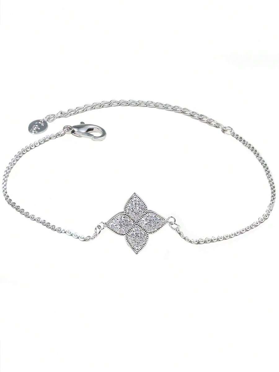1pc Fashionable Women's Full Zirconia Four-Flower Bracelet Valentines,Mom,Mother,Mother's Day,Gift