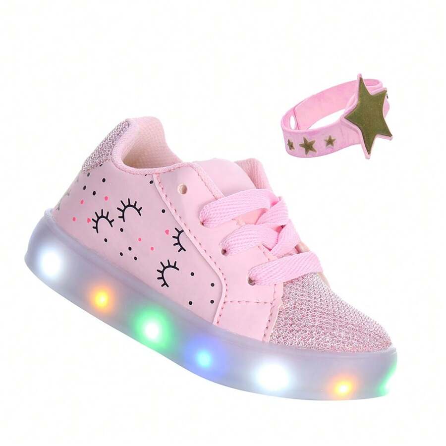 Tenis Calçado Com Led Luz solado luminoso Pisca Love Rosa Com Pulseira