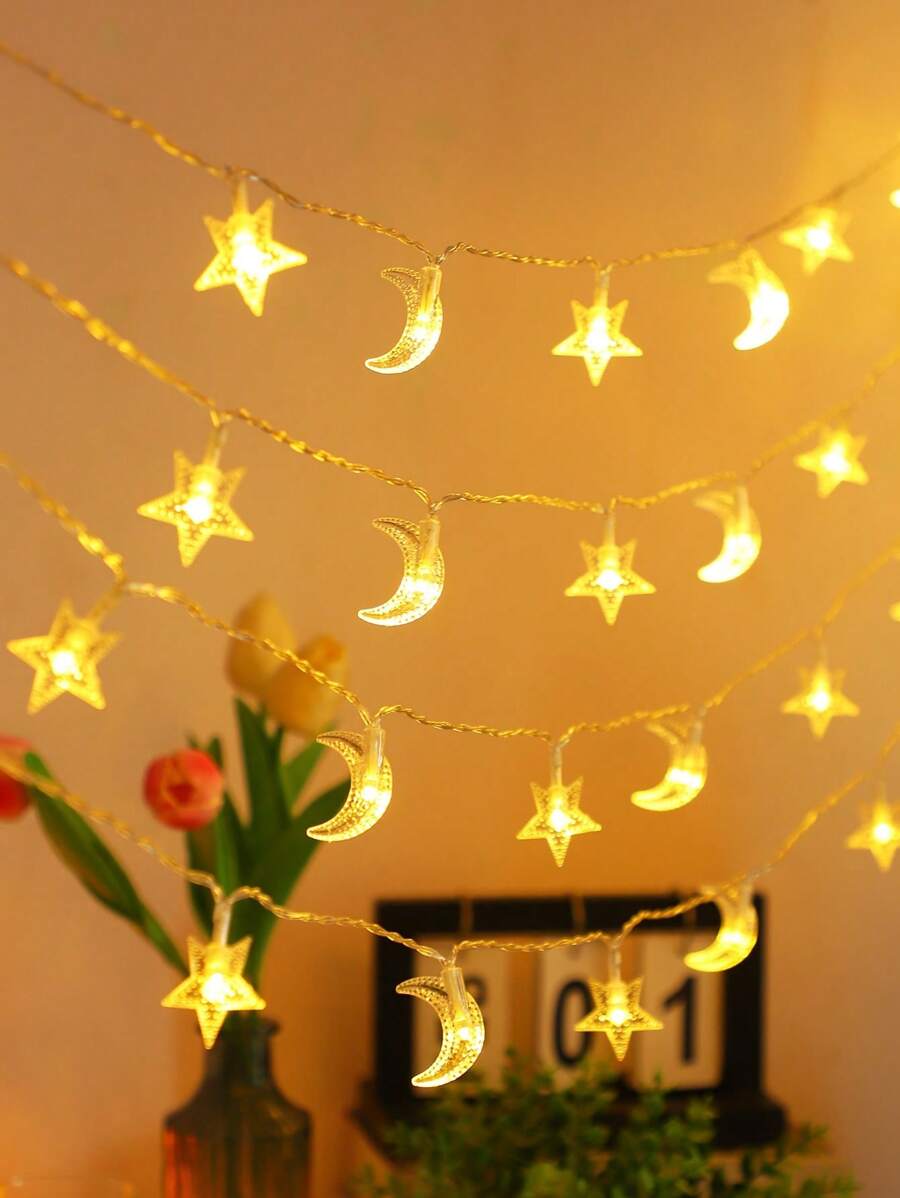 1 szt. 1,5/3/6 m 10/20/40 Led Star & Moon Fairy String Lights, ciepła biel, do biwakowania na zewnątrz, namiotu, pokoju, festiwali, romantycznej dekoracji, atmosfery, układu sceny, świątecznego wystroju, świątecznego prezentu, święta dziękczynienia, ozdoby choinkowe, świątecznego światła, wystroju sypialni, wystroju domu, dekoracji imprezowych, świąt, festiwalu, wystroju pokoju