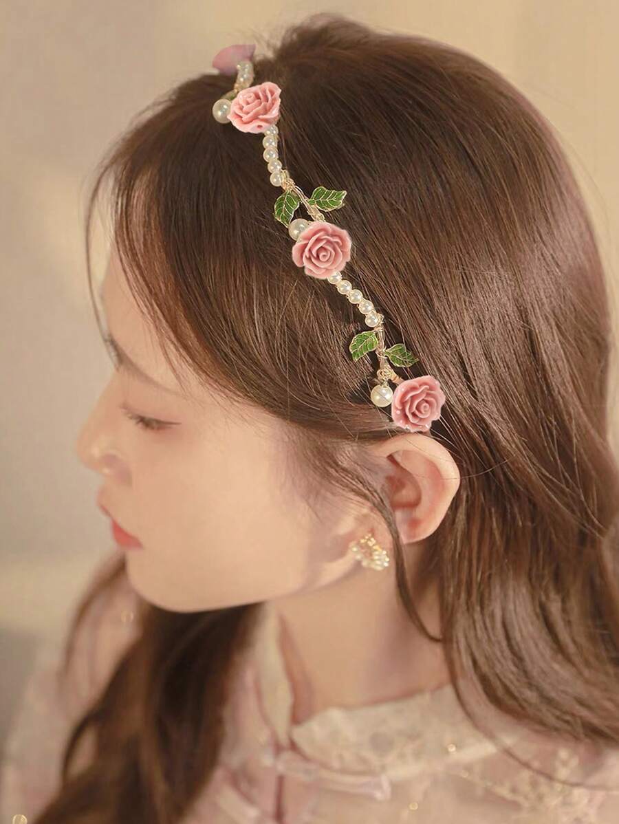 1pc Rose Pink Color Flower Floral And Faux Pearl Embellished Headband Boho Tiaras Elegant Boho Hair Accessories Valentine's Day,Hairband,Hair Hoop Headbands