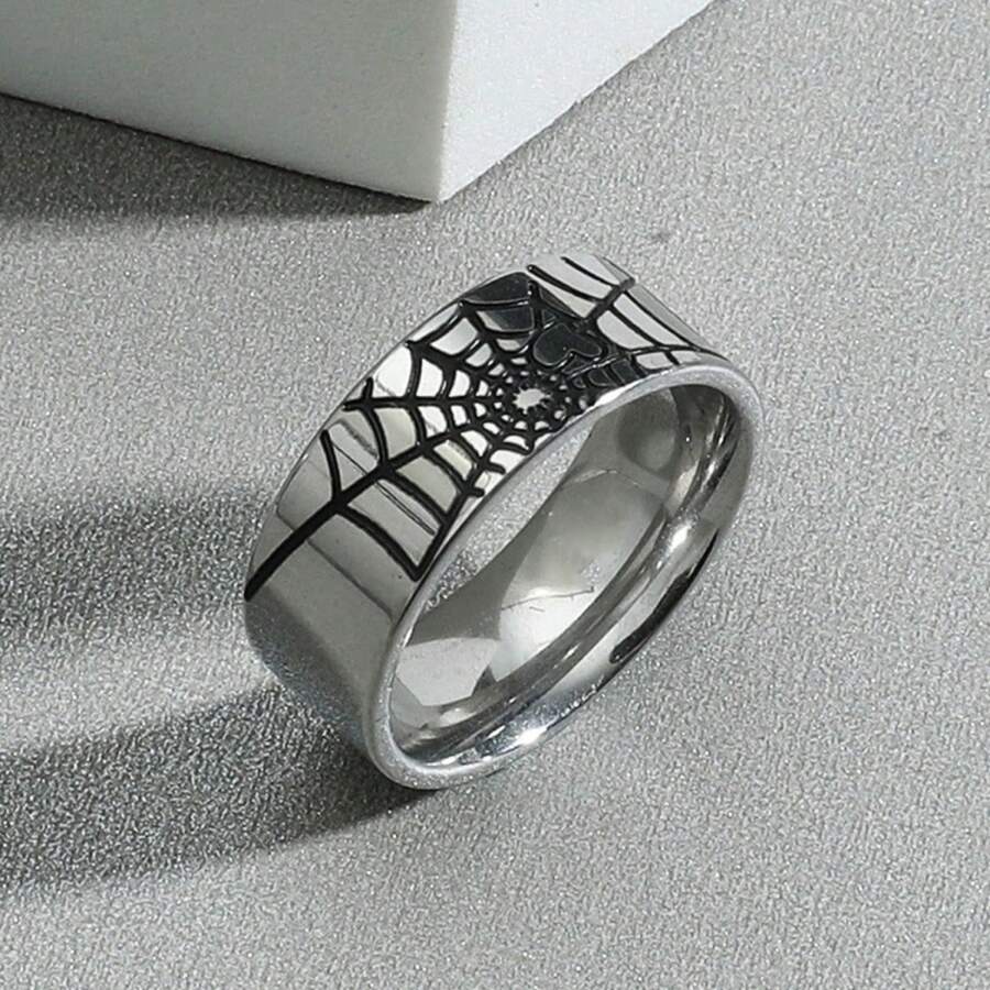 Bague En Acier Inoxydable Pour Hommes, 1 Pièce, Design Vintage En Toile D'araignée D'halloween, À La Mode, Cadeau De Bijoux De Fête Rock