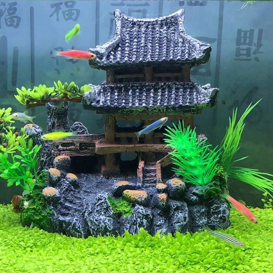 1pc Resin-made Aquarium Decoration Cloud And Crane Tower - Faux Mountain Resin House Building Landscape Ornament For Fish Tank