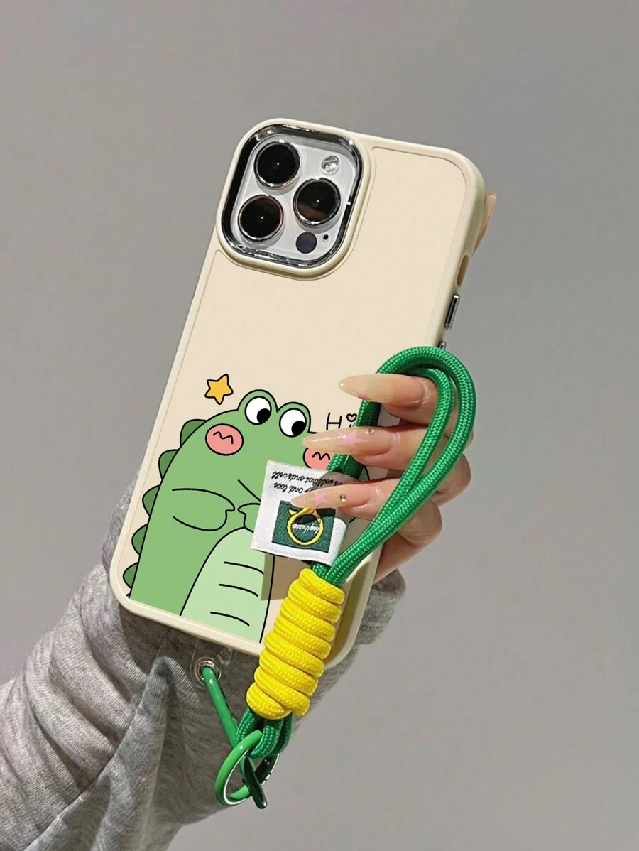 Apple Green 1pc Dinosaur Couple Pattern Metal Camera & Electroplated Buttons Sandblasted Shockproof Phone Case With Soft Touch + 1pc Nylon Lanyard Compatible With Iphone