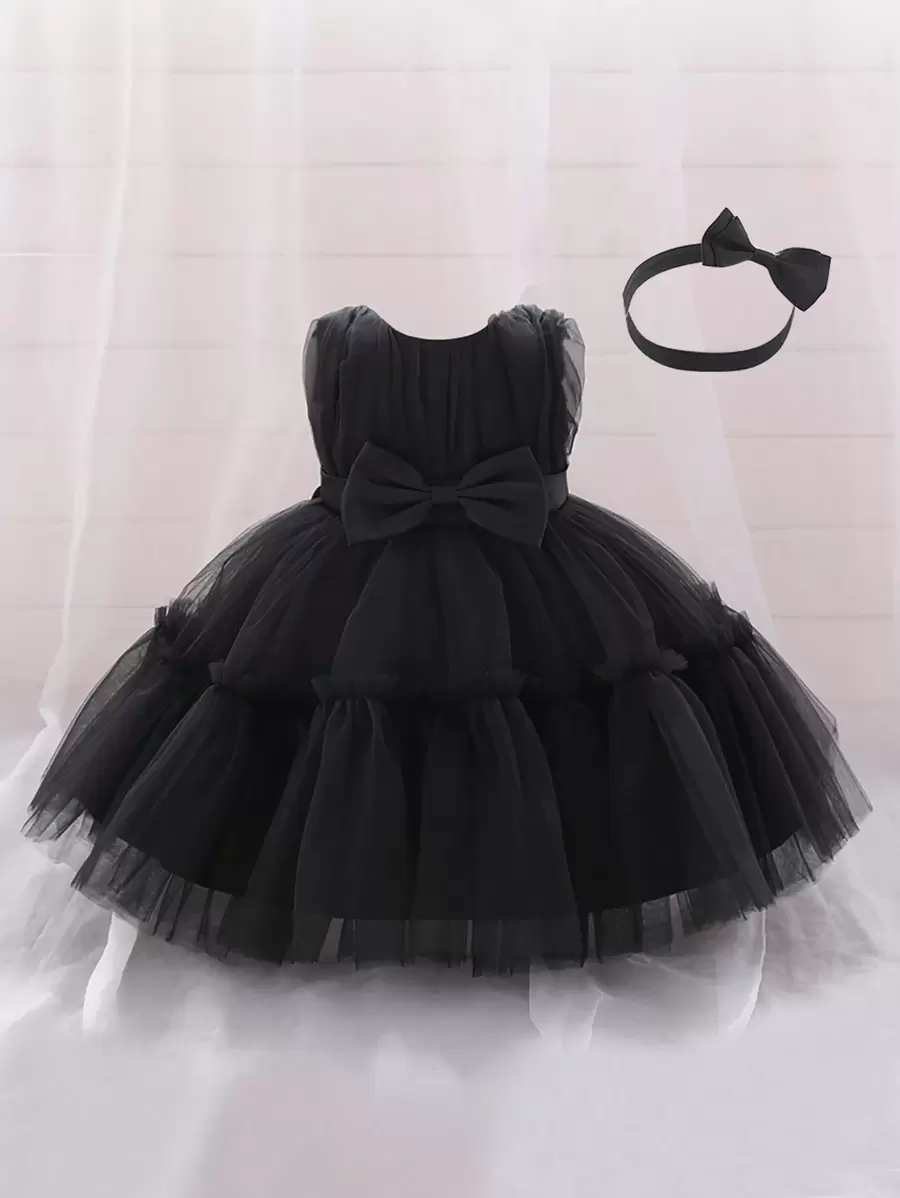 Baby Girls' Solid Color Sleeveless Mesh Dress With Bowknot Decorated Waistband, Elegant & Party Dress, Ideal For Birthday Party