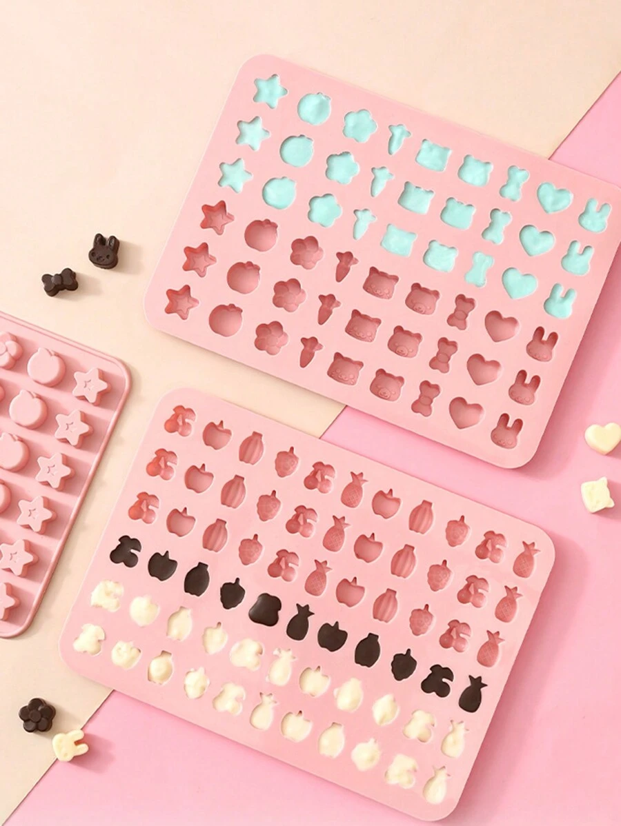 1pc Pink Cartoon Fruit & Animal Silicone Mold, Cute Mini Candy/Ice Cube/Jelly/Chocolate DIY Kitchen Mold, Suitable For Home Parties, Daily Snacks, Celebrations. Includes Silicone 66-Cavity 3D Candy, Chocolate, Gummy Mold, Baking Tools - Bear, Dinosaur, Animal, Insect, Cloud, Heart Designs
