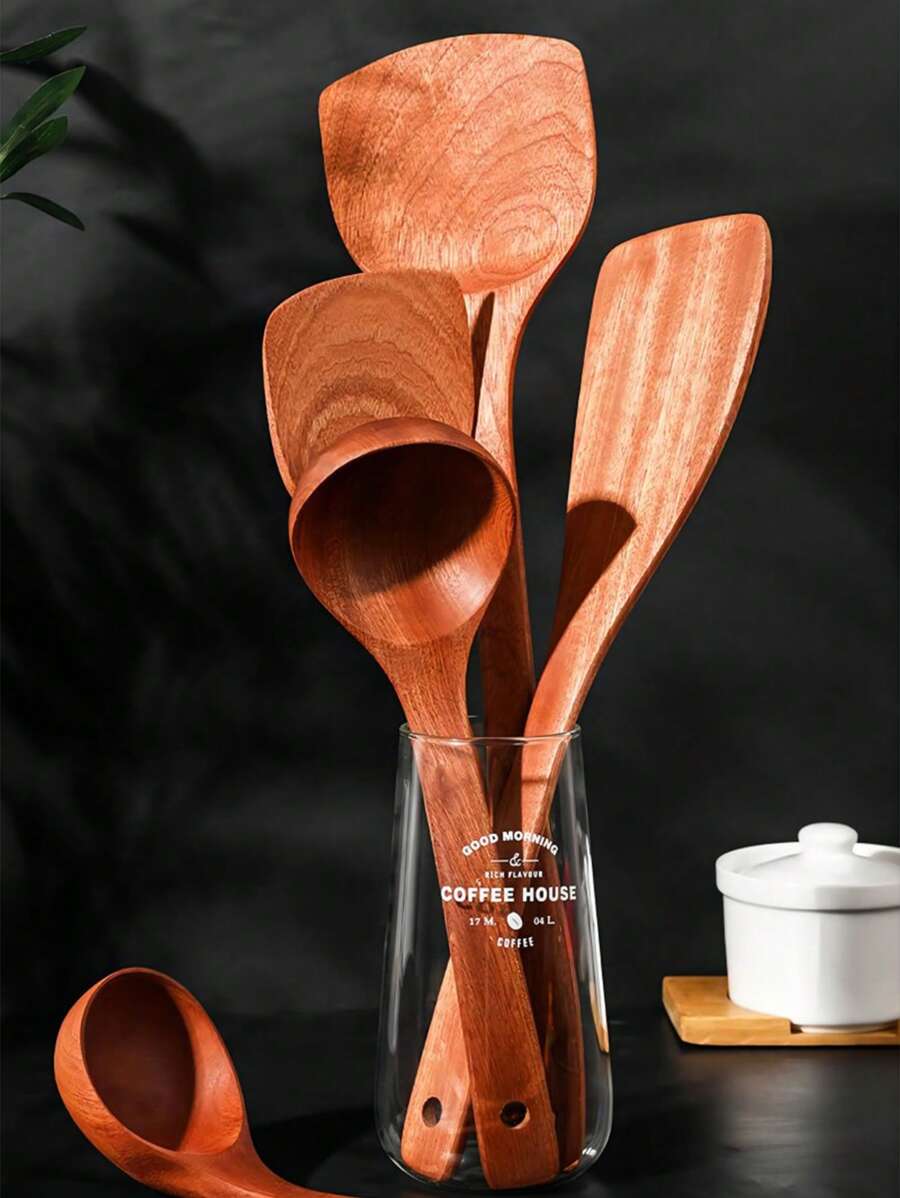 4 pièces/set d'ustensiles de cuisine en bois d'ébène, ustensiles de cuisine antiadhésifs, écumoire, louche, spatule, pelle