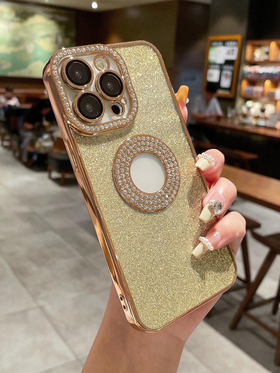 1pc Full Screen Flashing Bling Gold Plated Rhinestone Drop Proof Case With Logo Window Compatible With Iphone