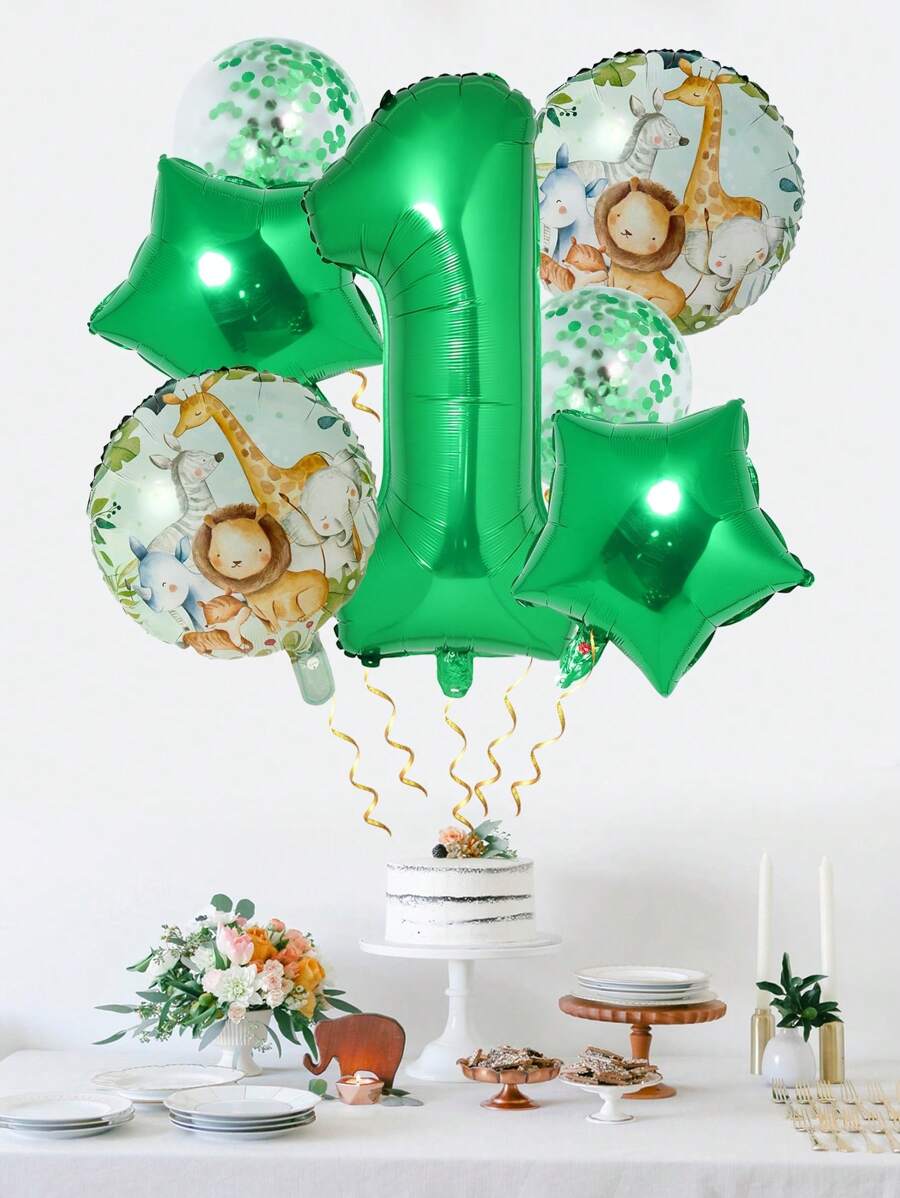 8 pièces Ballons numéro un d'animaux de la jungle, décorations pour fête d'anniversaire à thème, ensemble de ballons en forme de confettis d'étoile pour baby shower "Wild One", décoration pour 1er anniversaire, cadeau d'anniversaire