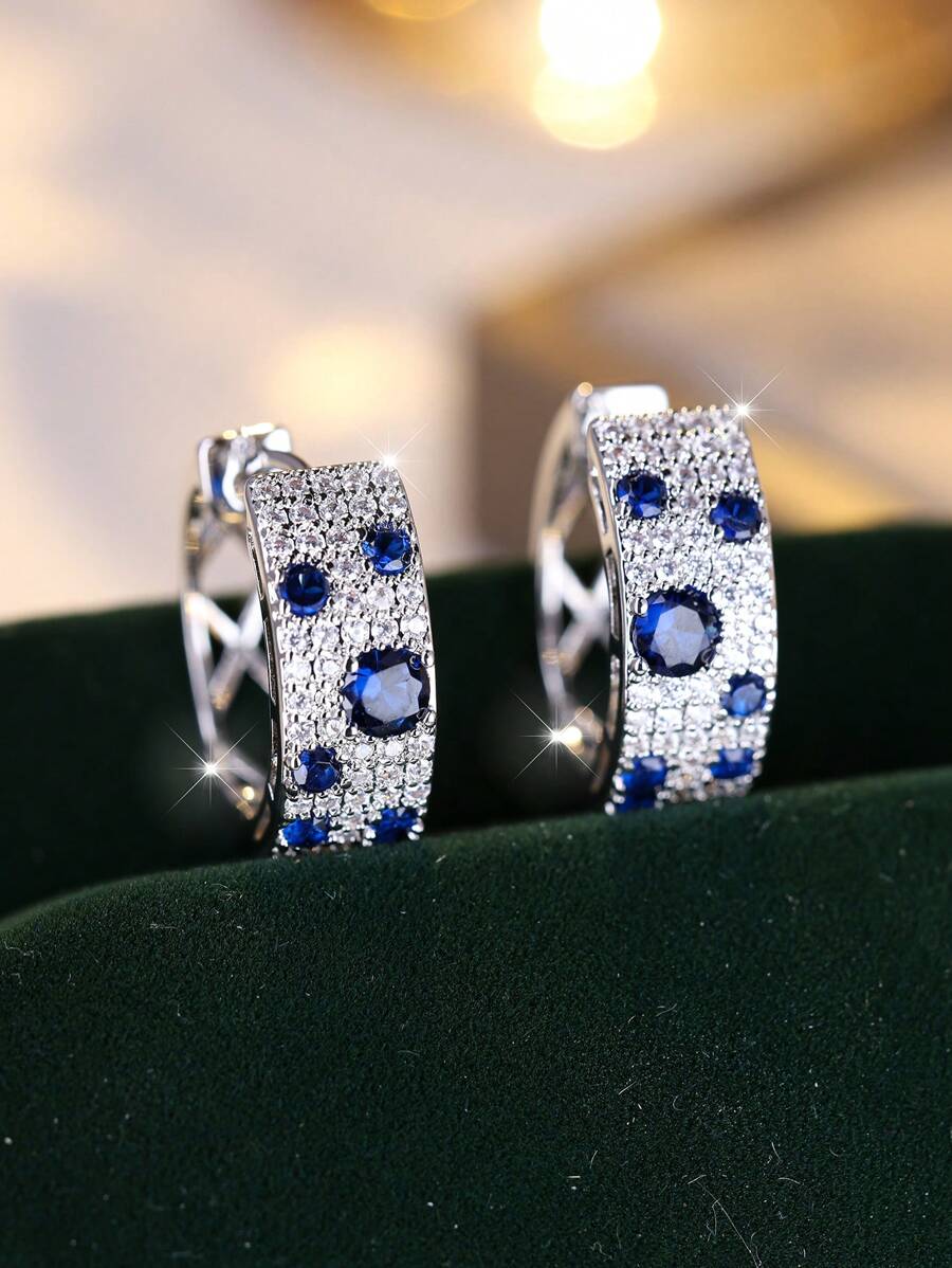 Vanel 2 pièces Créoles À La Mode Bleu Rond Micro-Incrusté Pétillant Zircone Cubique Décor Pour Femme , Adapté Pour Quotidien Et Officiel Porter