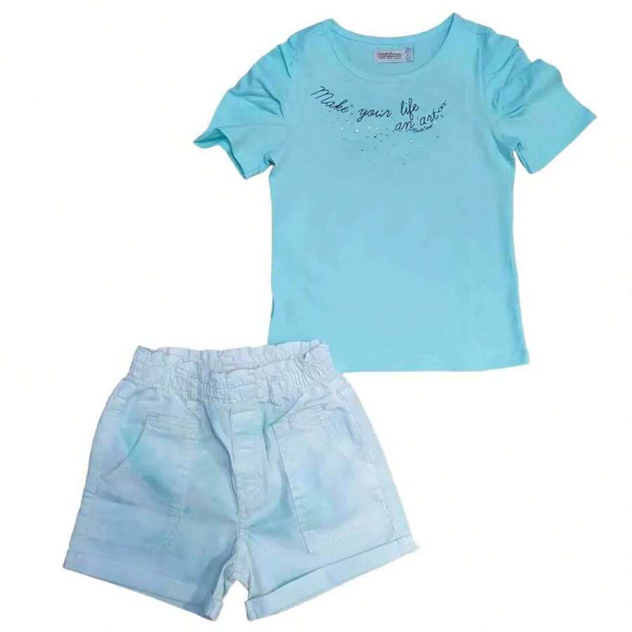 Conjunto Blusa Verde Shorts Branco Mesclado Infantil