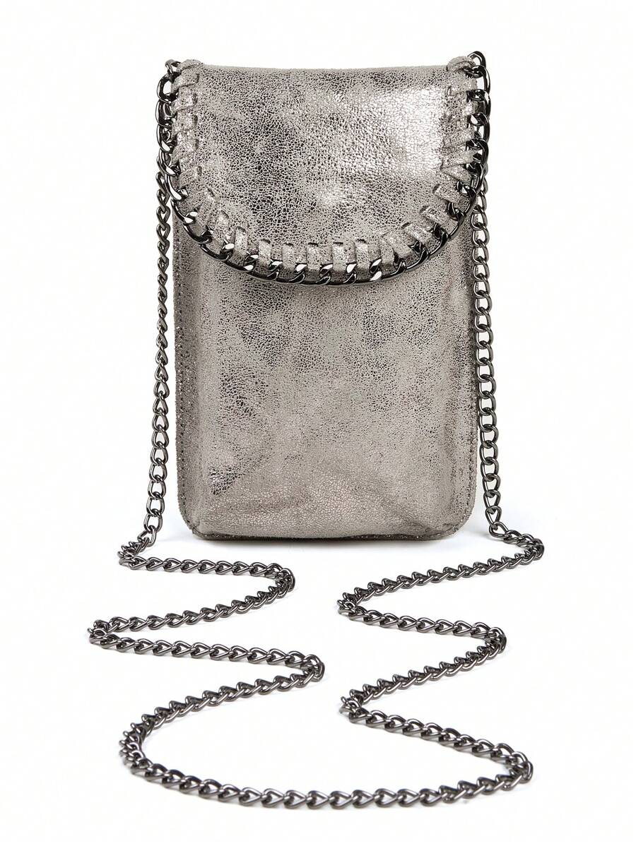 Fashionable Unique Personality Metallic Feeling Flash Soft Fabric Style Phone Bag,Rock,Gothic,Iron Chain,Corduroy,Multifunctional Crossbody Shoulder Bag Suit For Ladies To Pair With Daily Outfit,Dating,Shopping, Funky, Punk & Bag For Street Wear, 2000s Fashion Style Bag For Women