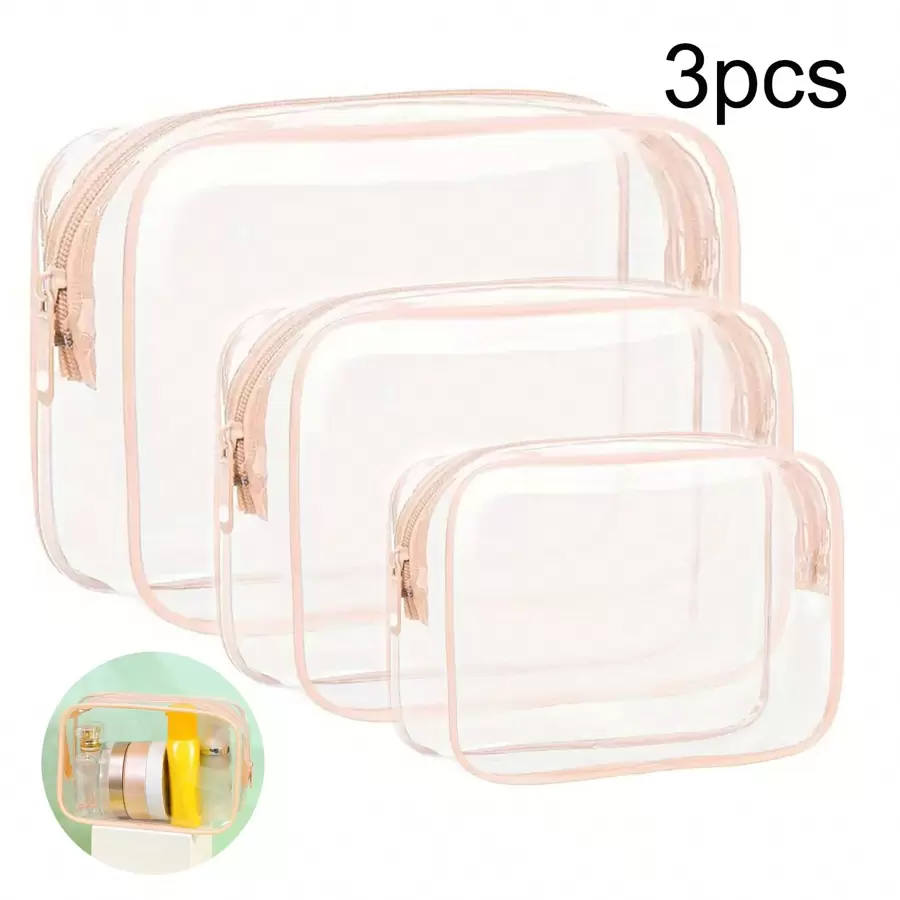 Set de 3 bolsas de playa rosas transparentes, bolsa con cremallera de plástico para bolsa de playa, organizador de viaje para cosméticos, productos de tocador, comestibles, divisor de cosméticos, bolsa interior para almacenamiento, esenciales para la escuela, organizador de viaje para vacaciones de verano, bolsa de maquillaje, artículos escolares, organizador de maquillaje, esenciales para vacaciones, bolsa de cosméticos, bolsa de maquillaje, organizador de maquillaje, almacenamiento de maquillaje, útiles escolares