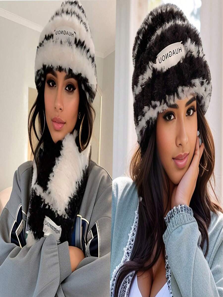 1 Pezzo Cappello In Maglia A Righe Oversize In Pelliccia Di Coniglio Per Donna, Caldo Beanie Invernale Per Uso Quotidiano