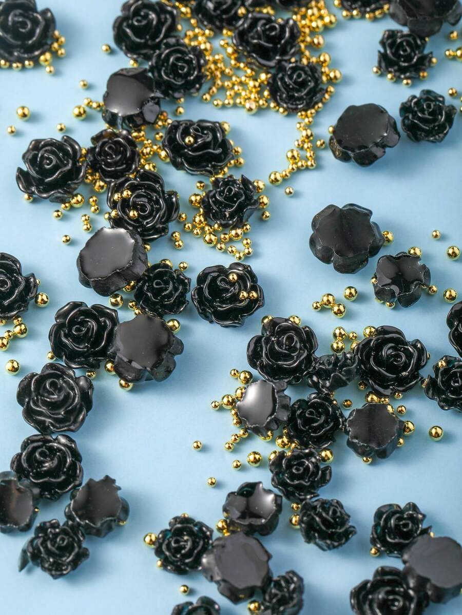 104 Pcs/Set 3D Kawaii Matte Black Rose Flower Sparkling Resin Multi-Model Mix Nail Art Decoration Parts DIY Spring And Summer Solid Color Flat Back Camellia Mixed Sizes Golden Steel Beads Rhinestone Sunflower Suitable For Party Casual Cute Girl Art Nail Art Accessories Four Seasons Style Japanese And Korean Style Nail Charms Nail Gems Nail Supplies