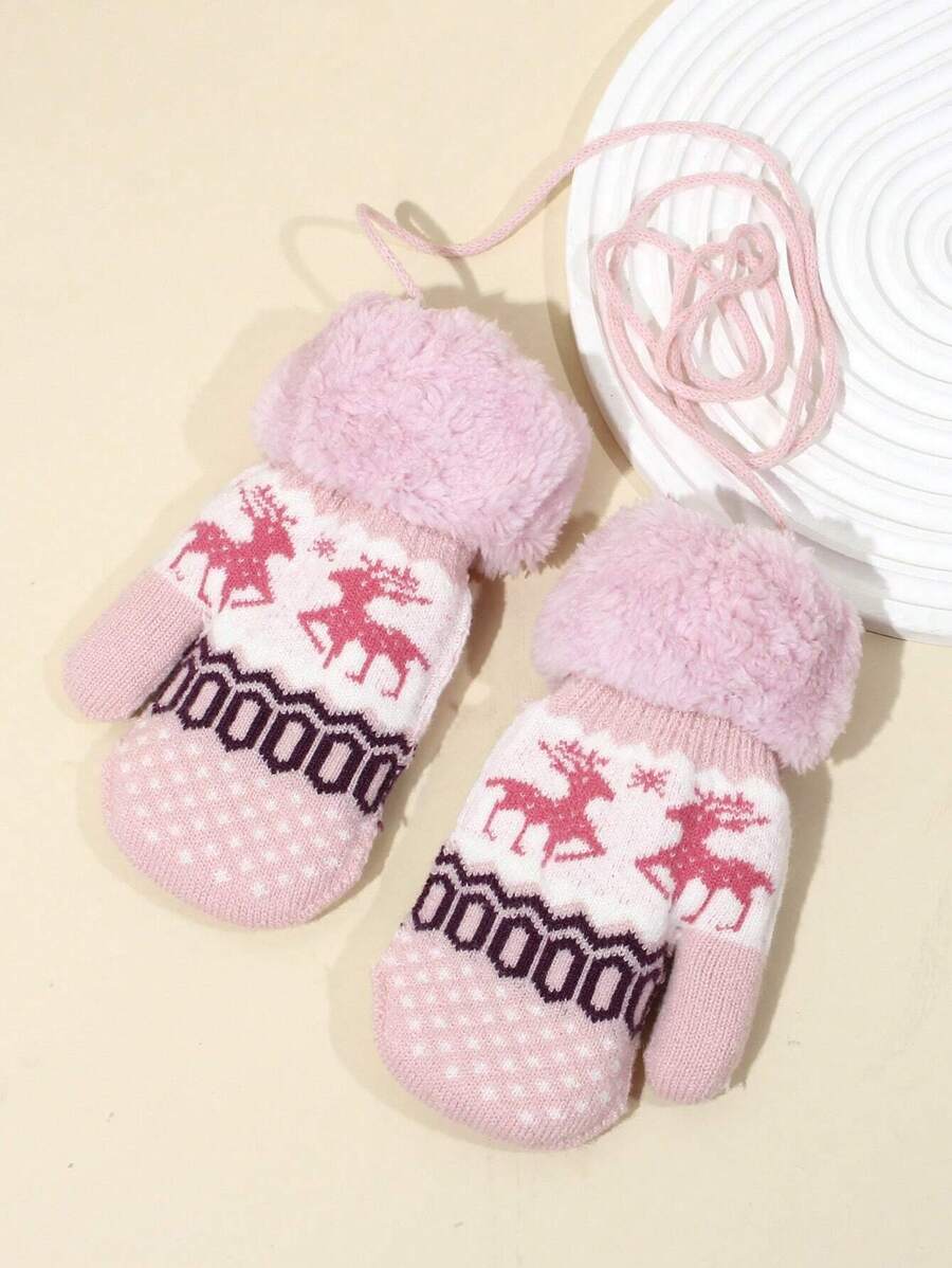1 Paire De Gants D'hiver En Peluche Rose Pour Enfants Avec Ficelle, Chaud Et Protecteur, Petit Sac Élégant Adapté Aux Activités De Plein Air Et À Un Usage Quotidien, Style De Noël