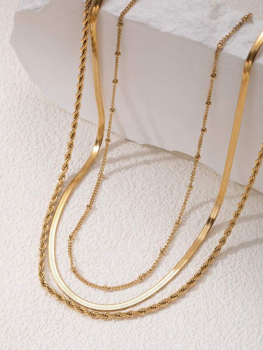 3pcs 14k Gold Plated Waterproof Stainless Steel Women's Necklace Set Including: Delicate Gold Figaro Chain Necklace, 14k Gold Plated Snake Chain Necklace And Simple Gold Layered Necklace With Geometric Pendants, Perfect Gift For Women/girls