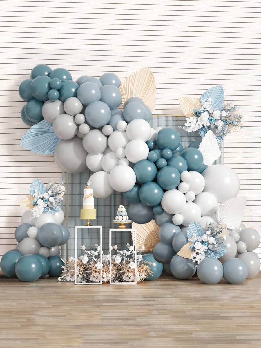 107pcs Retro Sea Blue Matte Gray Balloon Garland Arch+2pcs Glue Chain, Wedding Birthday Party Decorations Balloon Glue Chain, Christmas