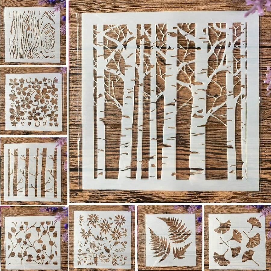 8pcs/Set White Plastic 5 Inch Stencils With Leaf, Flower And Wood Grain Patterns,Back To School,School Supplies