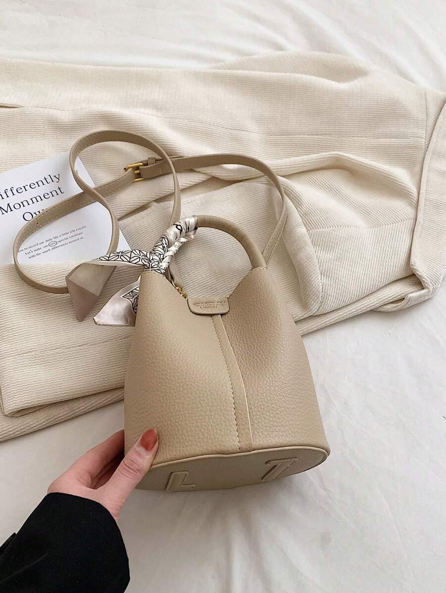 Women's Autumn and Winter New Fashion Simple with Silk Scarf PU Large Capacity Bucket Bag Women's Handbag Crossbody Bag