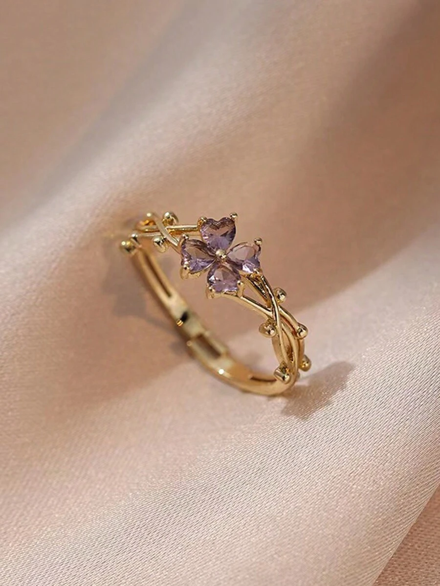 1 pieza Anillo abierto de acero inoxidable con trébol de cuatro hojas violeta y circonita, anillo de alta gama de nicho delicado