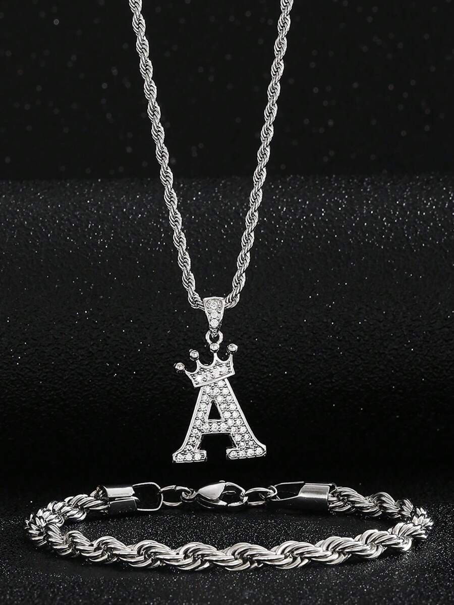 1 Sets Roestvrij Staal Kroon Aanvankelijk Alfabet Gedraaid Touw Halsketting Armbandenset Heren Dames Dagelijks Juwelen Voor Vriendschap & Verjaardagscadeau