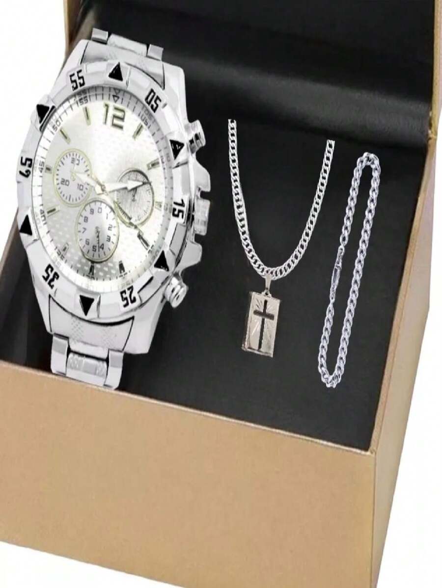 Relógio masculino AÇO + Conjunto corrente e pulseira pingente cruz