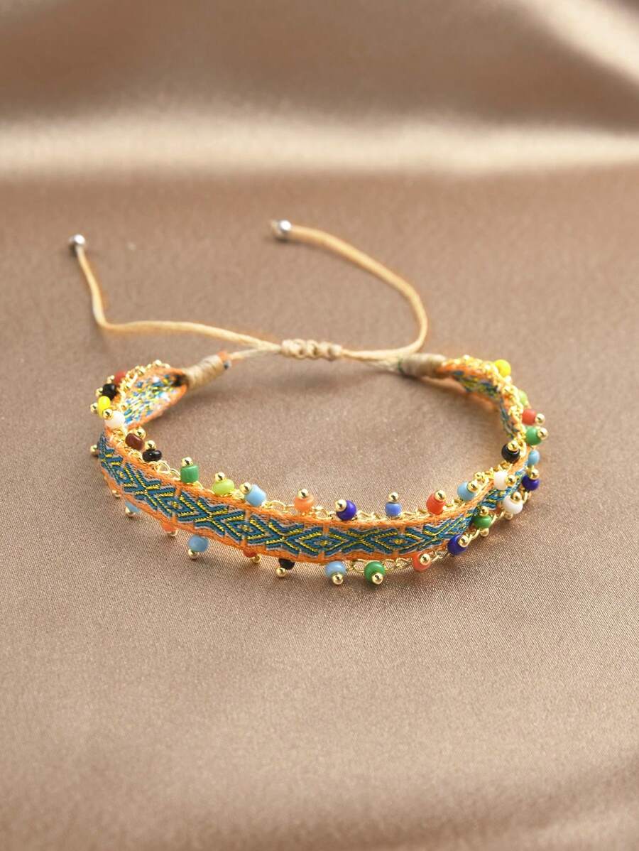 1 pulseira ajustável trançada banhada a ouro 18K estilo boêmio para mulheres