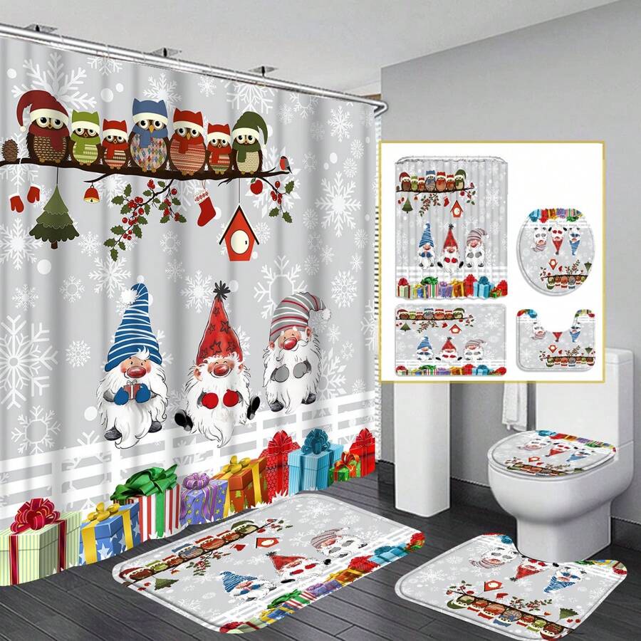 1 pezzo Regalo di Natale, Tenda da doccia o tappetino da bagno con stampa semplice di elfo, set tenda da bagno impermeabile con 12 ganci per il ritorno a scuola