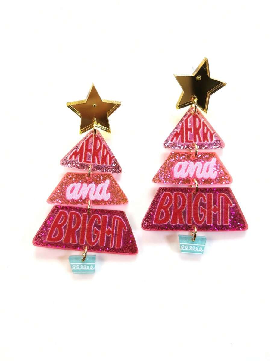 Acryl-ohrringe In Form Eines Weihnachtsbaums Mit Buchstabenmuster Und Spiegel
