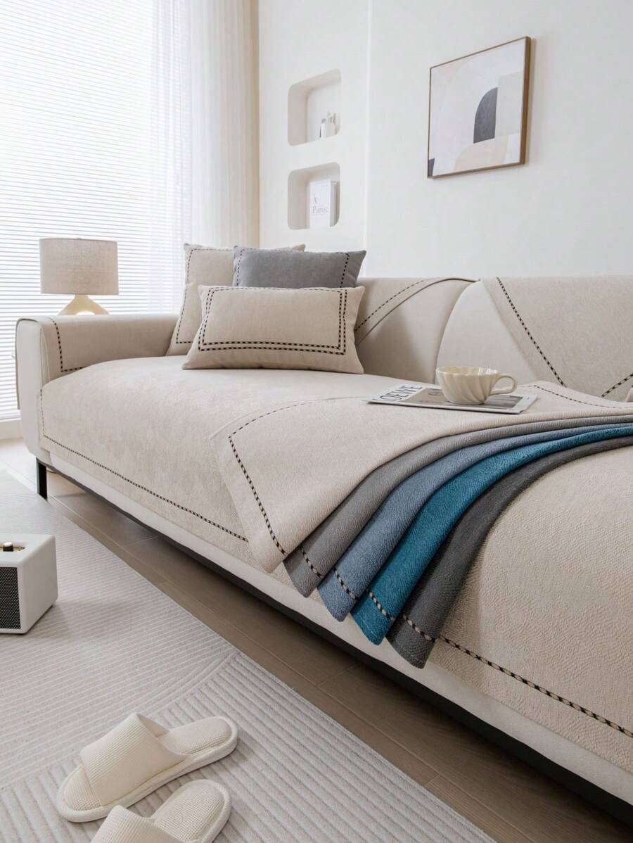 1 pièce En Chenille Coussin De Canapé Pur Couleur Canapé Couverture , Moderne Simple Style , Adapté Pour Salon Toutes Les Saisons , Lavable