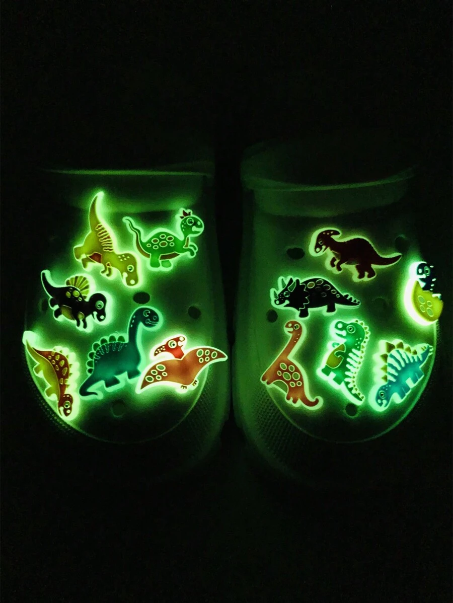 12pcs Fluorescent Dinosaur Cartoon Pvc Shoe Charms Decorations For Clogs