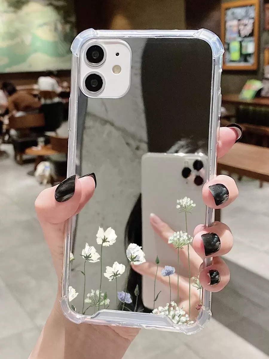 1pc Acrylic Electroplate Mirror Phone Case With Camellia & Dandelion Pattern, Compatible With Apple