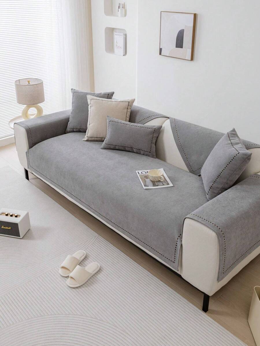 1 Pièce Coussin De Canapé Chenille Antidérapant Couverture De Canapé De Couleur Unie Lavable, Convient Pour Salon Toutes Saisons, Style Moderne Et Minimaliste