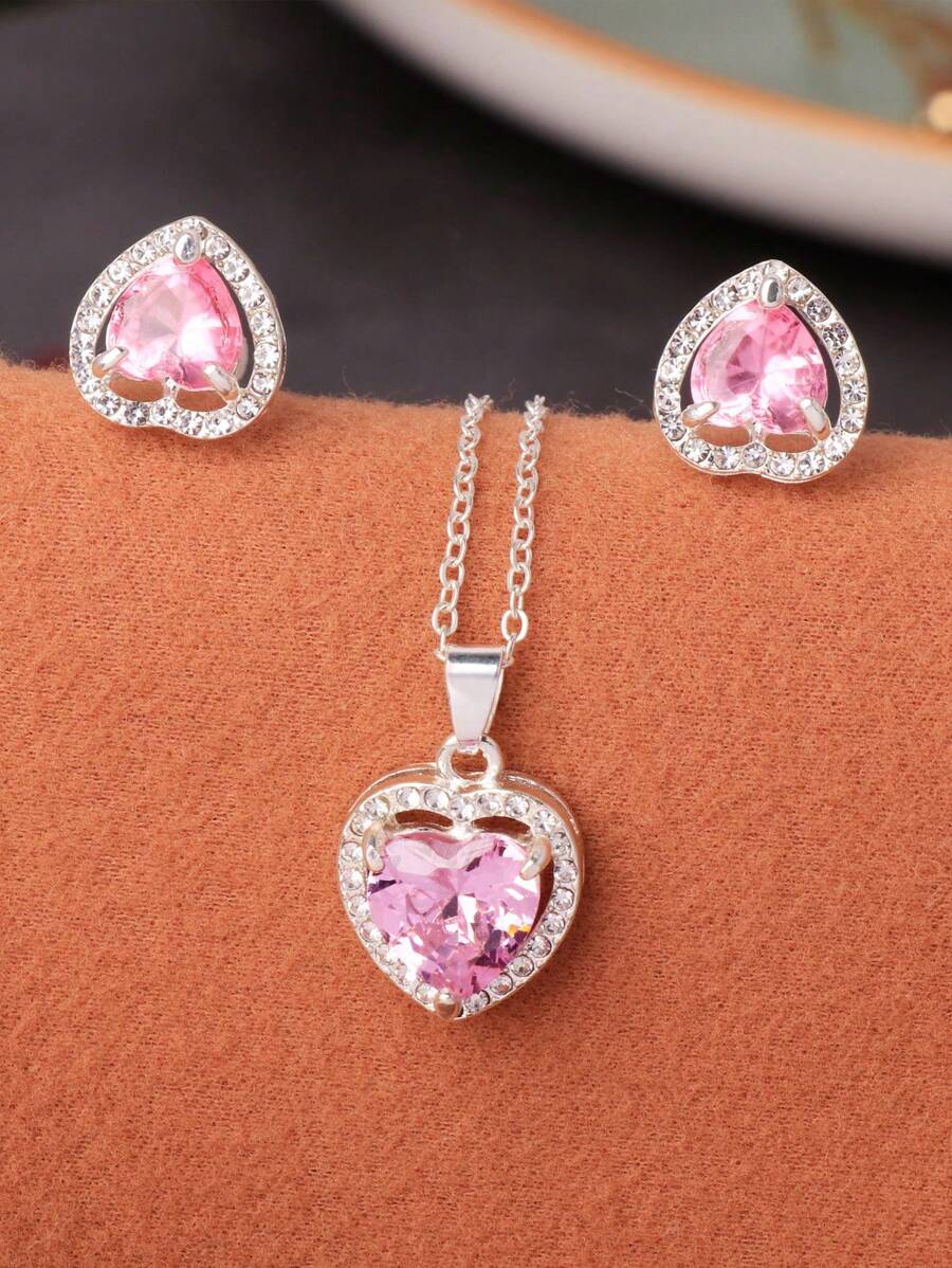 3pcs/Set Solid Color Heart Shaped Zirconia Earrings, Necklace & Pendant Set, 5 Colors Available Valentines