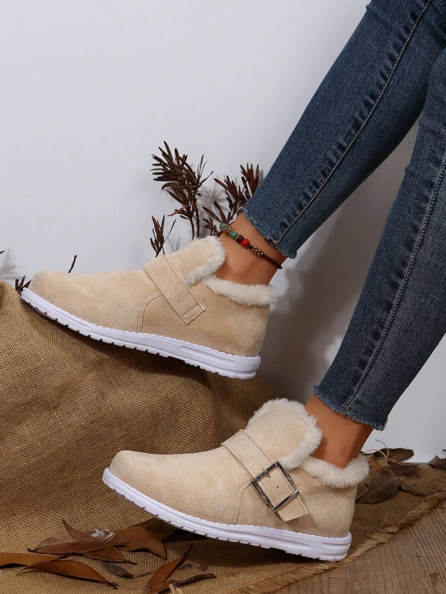 New Style Women'S Short Boots, Winter 2023, Big Size, Warm Snow Boots, Casual Solid Color, Slip-On Buckle, Low-Cut Suede, Slip-Resistant, Wear-Resistant And Lightweight
