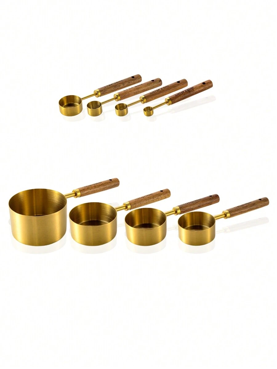Ensemble De 8 Tasses Et Cuillères À Mesurer, 4 Tasses À Mesurer Et 4 Cuillères En Acier Inoxydable Doré Avec Manche En Bois, Cuisine/nourriture/liquide/cuisson, Gadget De Cuisine À Mesurer Délicat (or)