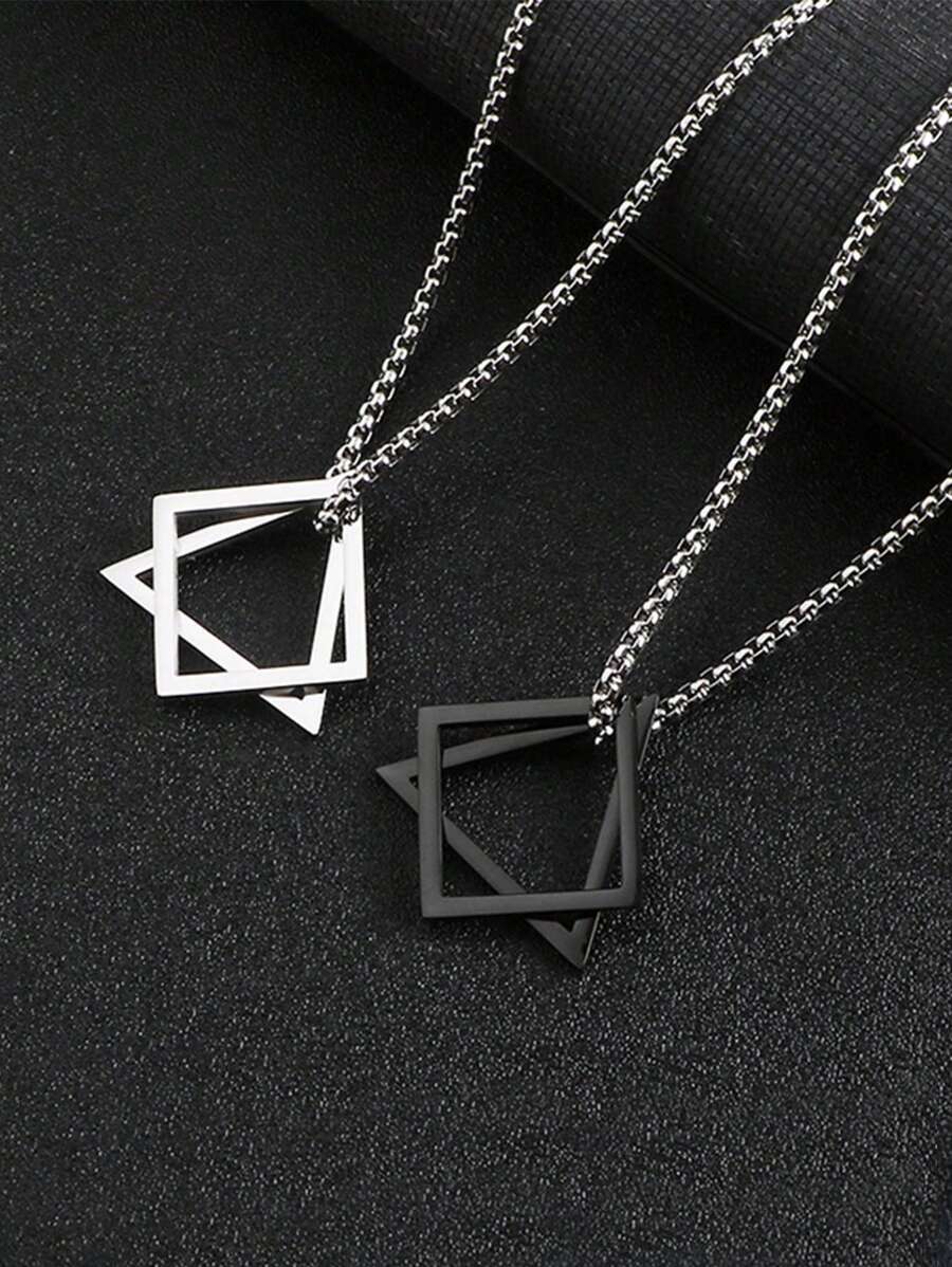 2 pièces/set Triangulaire & Carré Pendentif Acier Au Titane Collier Avec Long Pull Chaîne Pour couples Port Quotidien