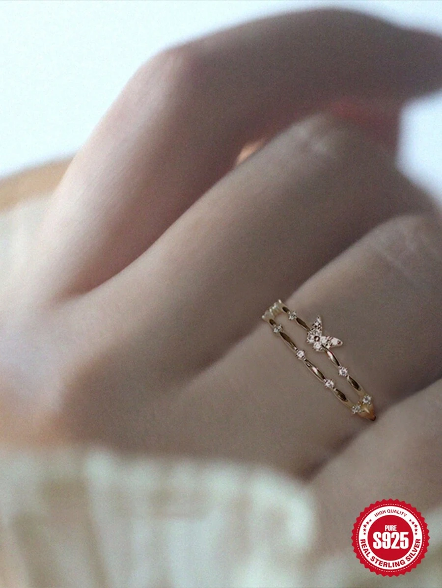 Bague Romantique En Argent Sterling 925 Pour Femmes, Couleur Or 18 Carats, Papillon Délicat, Adapté Aux Fiançailles, 1 Pièce