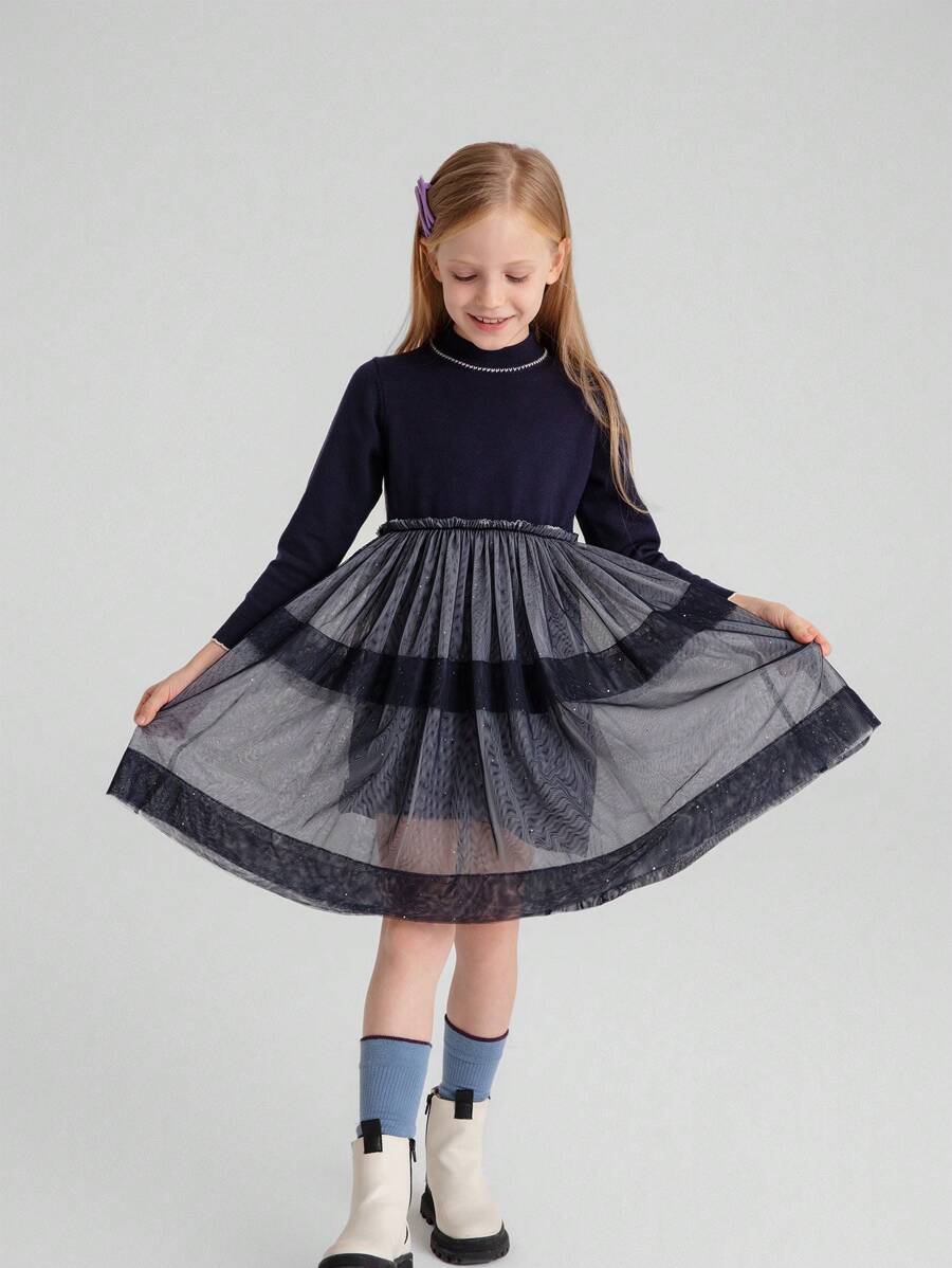 Annil Winter Trendmode für Tween Mädchen, elegantes blau gestricktes Langarm-Sweater-Kleid mit warmem Mesh-Einsatz
