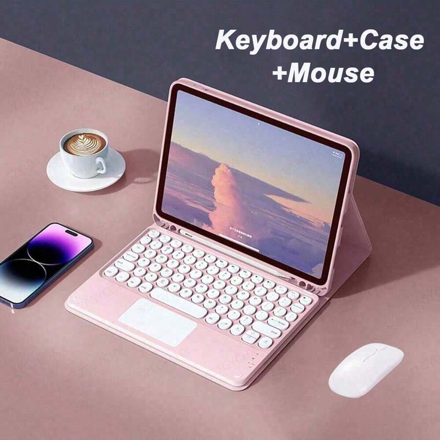 Roze 360° Draaiend Draadloze Afneembaar Touch Ronde Sleutel Toetsenborden Hoesjes Met Wit Computermuizen Voor iPad