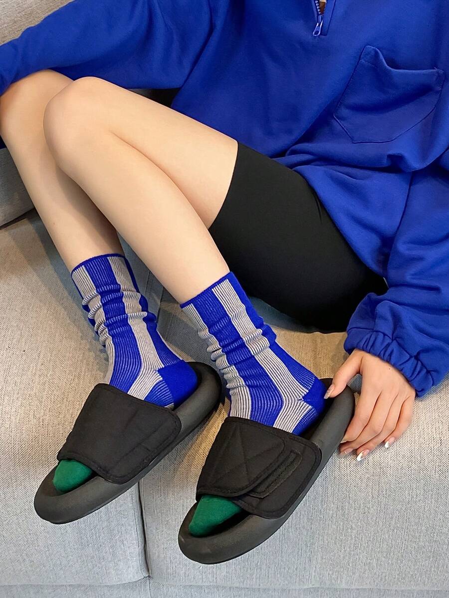 1 Par De Calcetines Transpirables Hasta La Mitad De La Pantorrilla En Estilo-dopamina Para Mujeres, A Prueba De Deslizamiento, Mezcla De Colores, Diseño De Moda Y Estilo Versátil