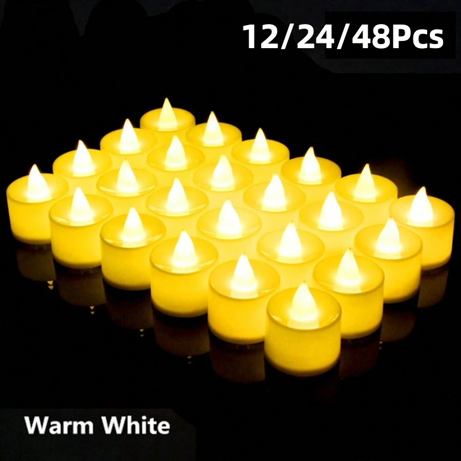 12/24/48 pièces Bougies LED sans flamme, bougies chauffe-plat à piles, bougies de thé romantiques pour anniversaire, fête de mariage, décoration de chambre, cadeaux