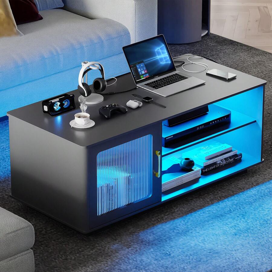 Lvifur Auto Sensor 3-Color Dimmable LED Coffee Table with Human Body Sensor,Living Room Table with 2 Outlets & USB & Type-C Ports,Dining Table with Drawer & Shelves for Living Room…