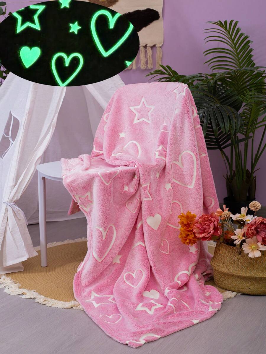 Pink Star & Heart Pattern Blanket, Glow In The Dark Flannel Throw Blanket, Ideal For Kids' Nap/bedtime/camping/car/beach, Skin-friendly & Comfortable, Perfect Gift For Girls