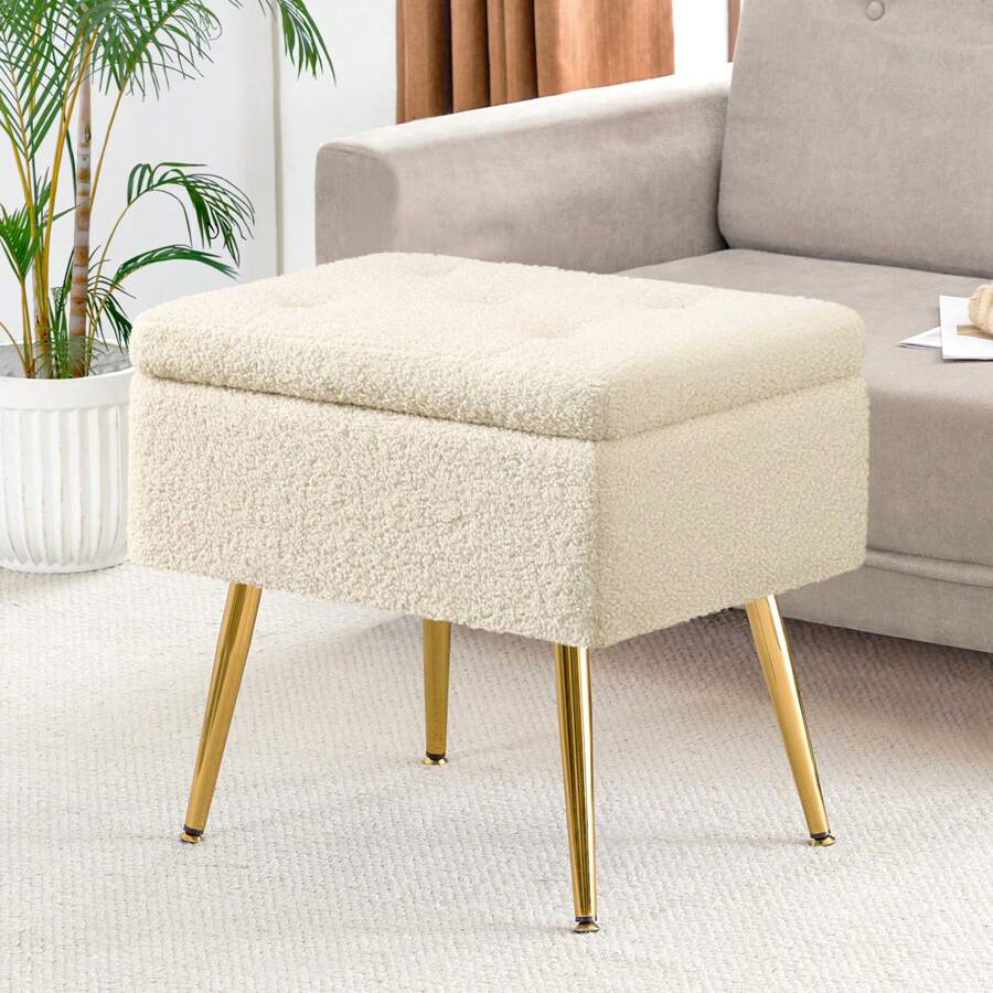 Furnistyle Autumn Ivory White Sherpa Makeup Vanity Stool Chair with Storage, Fur Bench Ottoman Living, Accent Stool Storage Ottoman Living, Tufted Upholstered Footstool with Chic Metal Legs for Makeup Beauty Room, Livingroom and Bedroom, Entryway Bench
