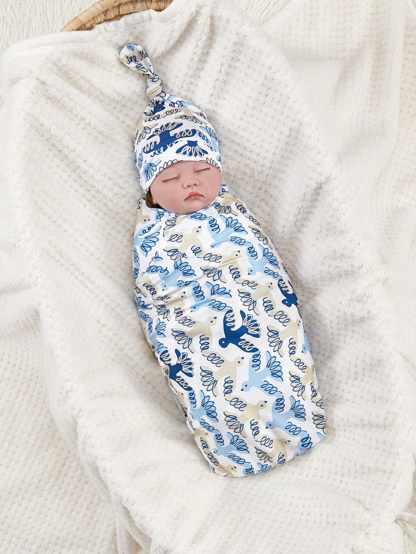 1set Newborn Elastic Swaddle Blanket And Beanie Set