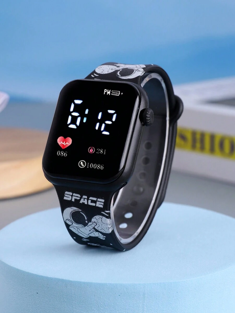 1 Stück Trockene Batteriebetriebene Quadratische Form Bedruckte Led-niedliche Armbanduhr Mit Astronauten-design Tpu-armband Für Jungen Und Mädchen. Geeignet Für Den Täglichen Gebrauch.