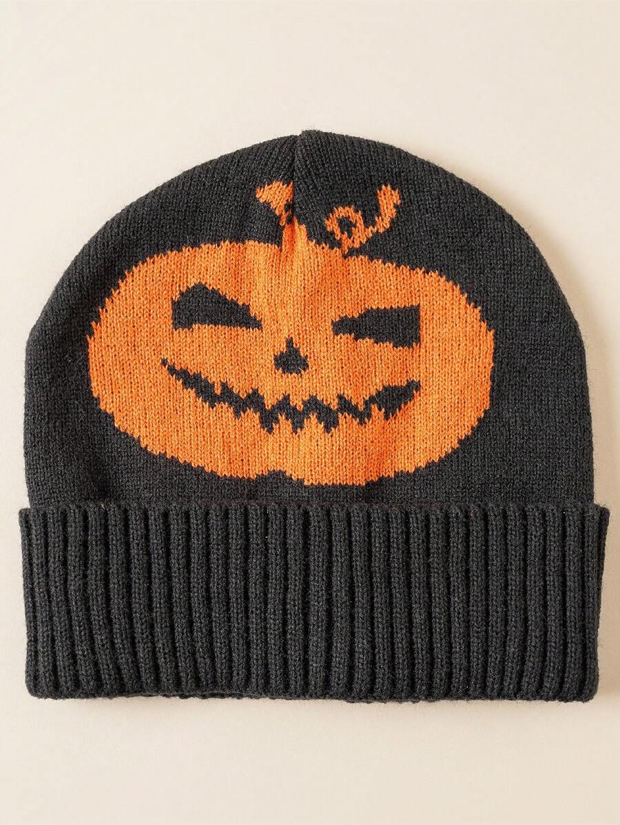 1pc Children's Knitted Halloween Pumpkin Hat, Cartoon Warm Windproof Beanie For Boys And Girls